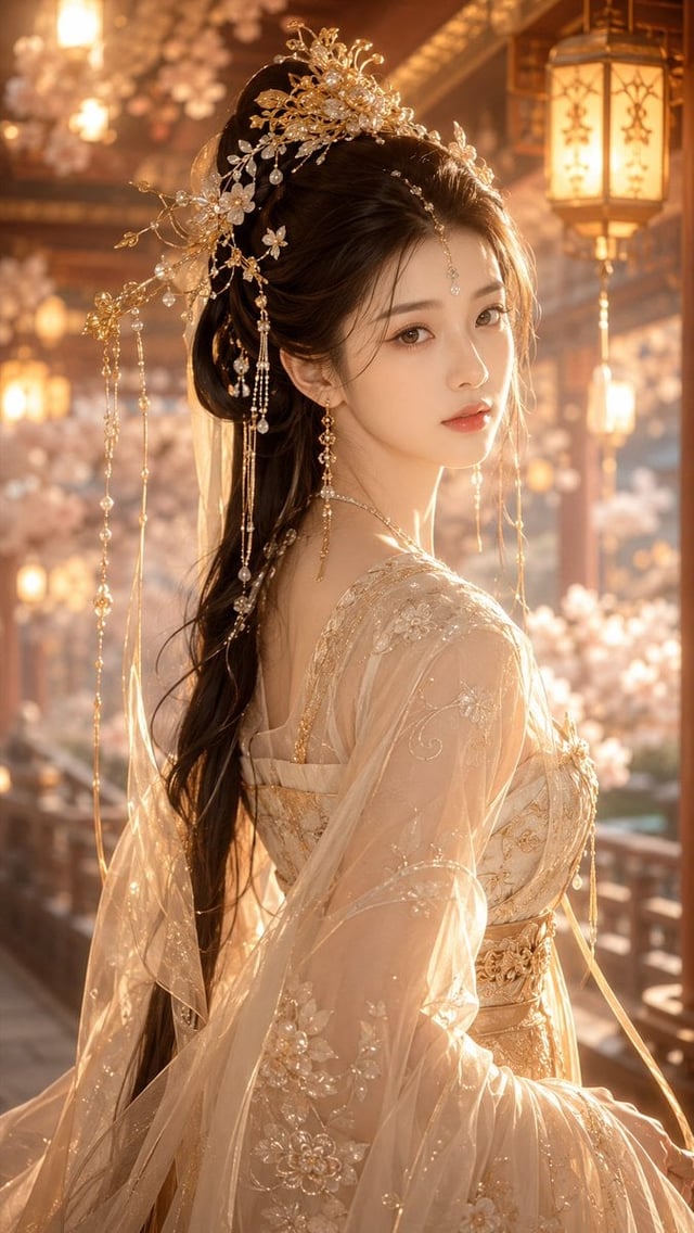 9:16竖版，古风仙侠精修写真，高精度东方幻想女性人像，唐风幻想审美，古偶女主感，画面主体是一位明确成年的年轻东方女性，视觉年龄约22–26岁，气质温柔、贵气、安静、含蓄、清雅，有强烈女主感但不张扬。