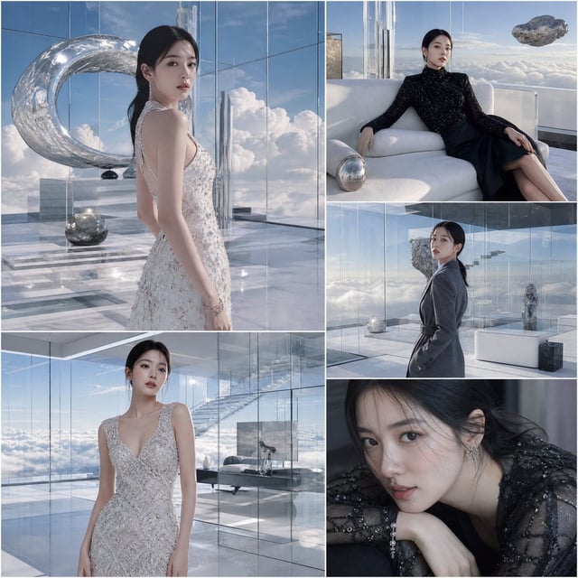 A luxury fashion collage featuring a stylish Korean female celebrity inside a fully transparent arch