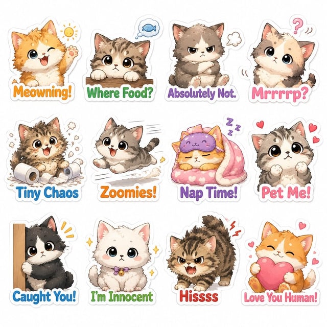 Cute illustrated chibi cat sticker-pack, fluffy kitten design, expressive eyes, playful poses, white