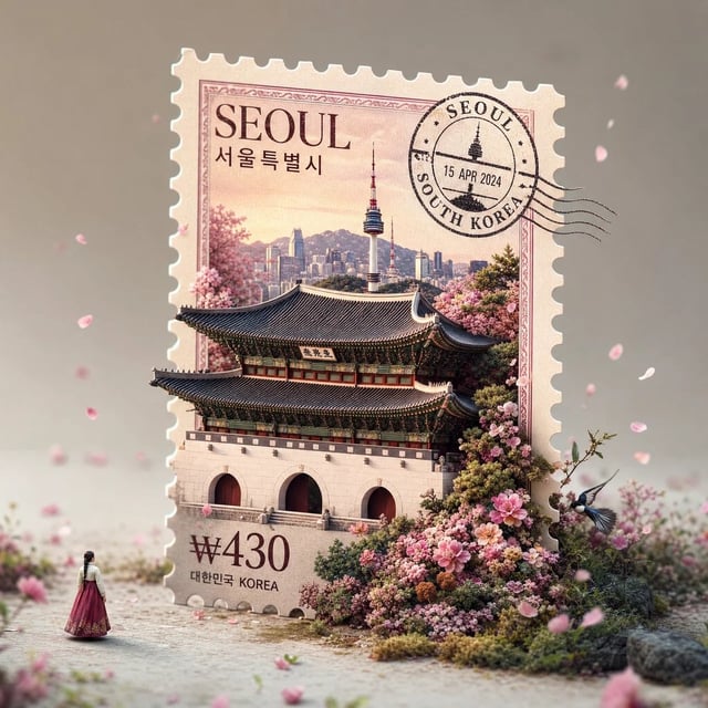 A hyper-realistic macro photography shot of a giant, freestanding vintage postage stamp from [COUNTR