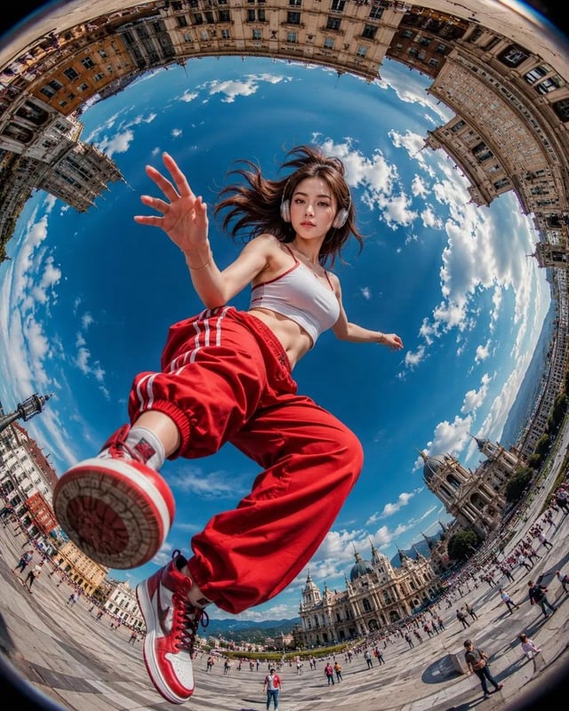Ultra-realistic action photography, extreme fisheye lens (8mm), worm’s-eye view from ground level, d