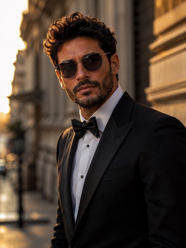 Ultra-realistic cinematic portrait of a stylish young man standing on an elegant European city stree