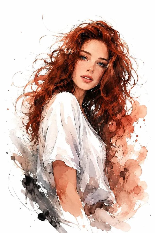 Portrait of a young woman with long messy curly red hair, wearing loose white t-shirt, looking over 