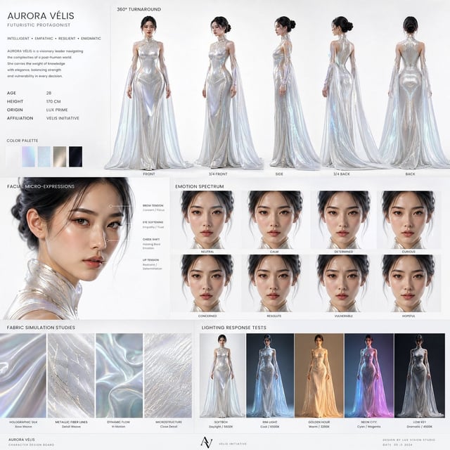 Create a high-end cinematic character design board of a futuristic female protagonist for a premium 