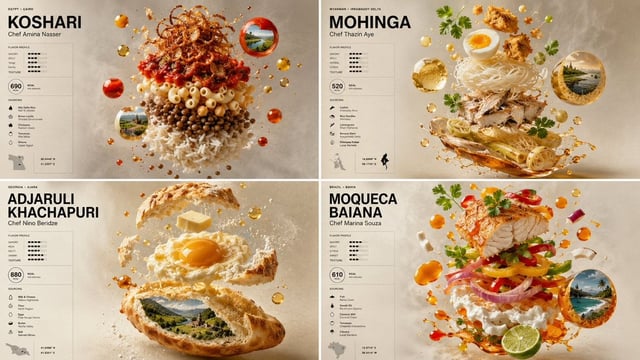2x2 grid, 16:9, do this for lesser known highly underrated international foods canvas: "Vertical Fin