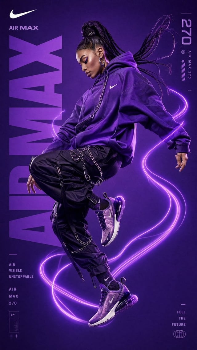 Ultra-premium Nike fashion advertising campaign, full-body female streetwear model floating in mid-a