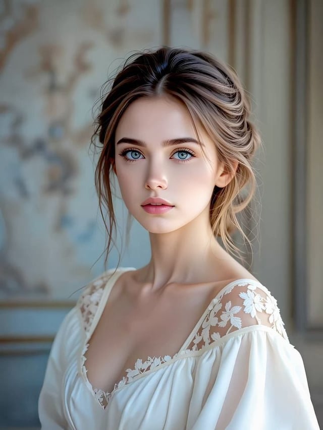 Ultra-realistic close-up portrait of a beautiful young woman, delicate facial features, mesmerizing 