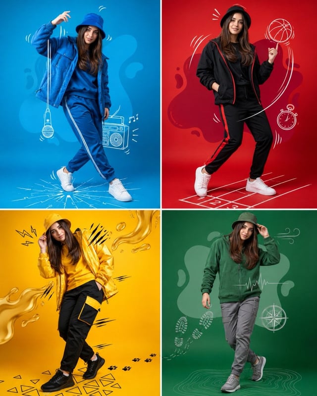 Create a high-end fashion advertising poster inspired by colorful sportswear campaigns. Full-body po