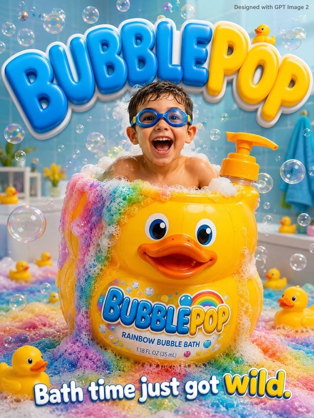 A fun bubbly kids advertisement poster. An excited young boy age 5 in swimming goggles sits inside a
