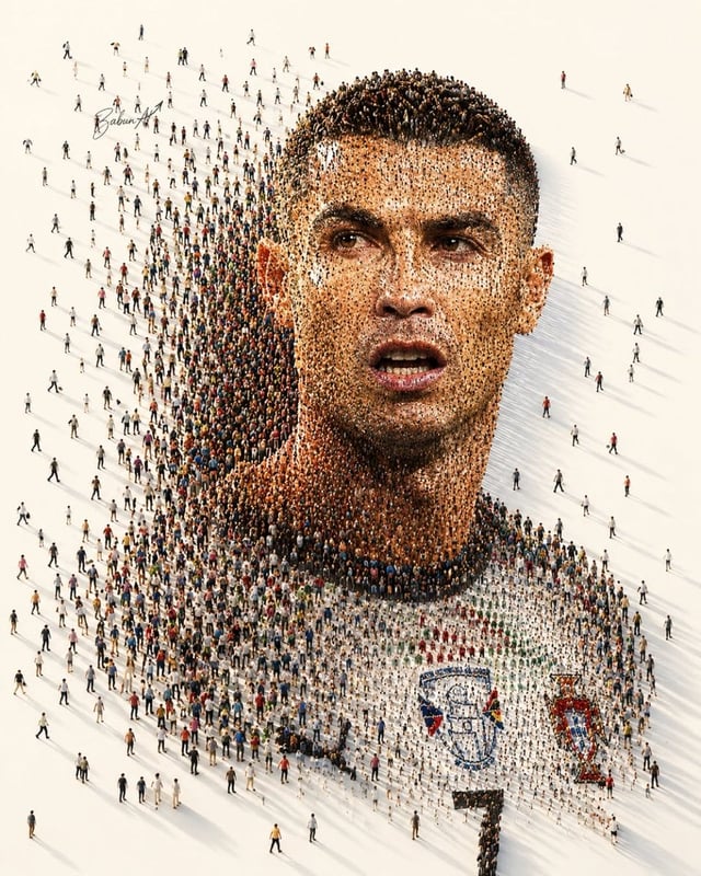 Ultra-detailed crowd mosaic portrait of a legendary football player, created entirely from thousands
