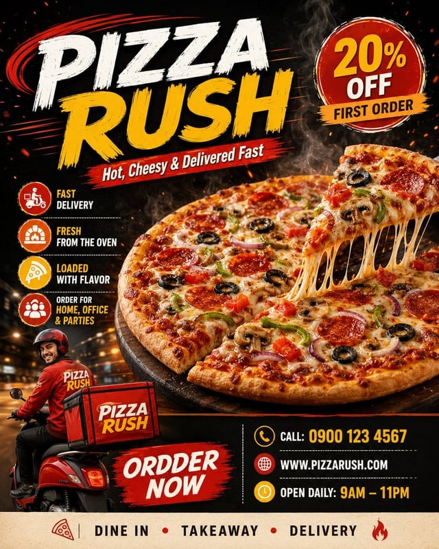 Create a premium commercial advertising poster for a pizza delivery service.