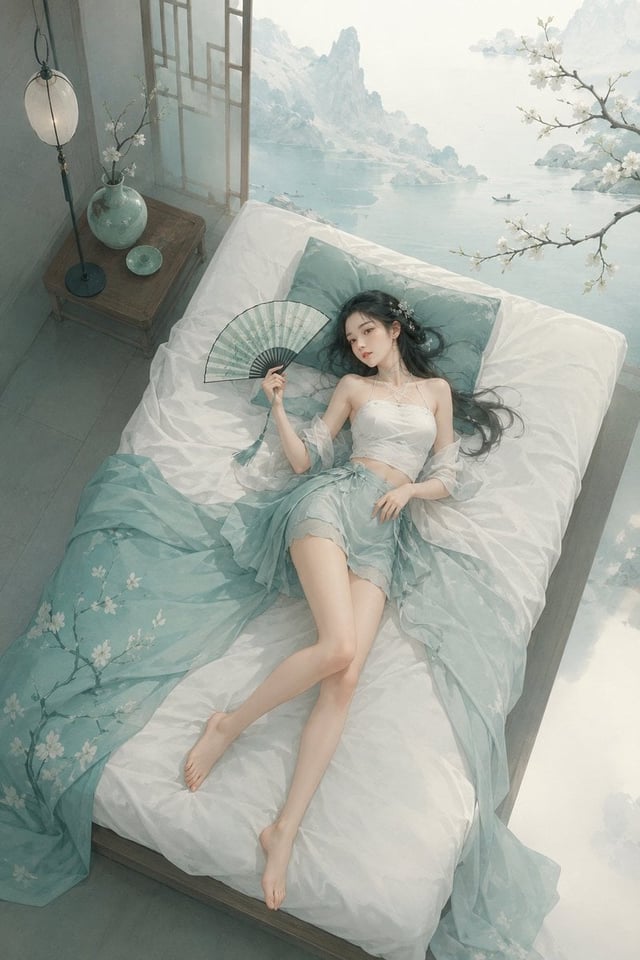 极简东方禅意半写实插画，主体为[主体]，青绿颜色体系，较强饱和对比，画面空灵静谧，大面积留白，带轻雾感、静止空气感和朦胧远景层次，可结合极简空间、湖面、远山、器物、枝条等东方意象。柔和漫射光，边缘干净