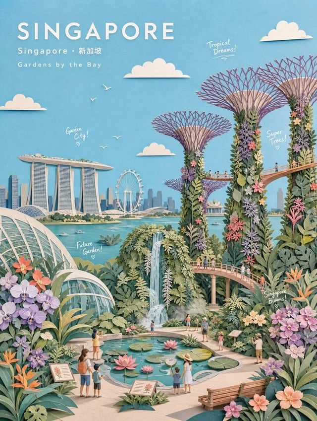PASTEL PAPER-COLLAGE BOTANICAL GARDEN TRAVEL POSTER