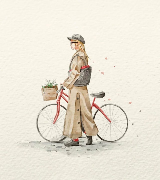 A delicate watercolor fashion illustration on textured off-white handmade paper. A young woman in si