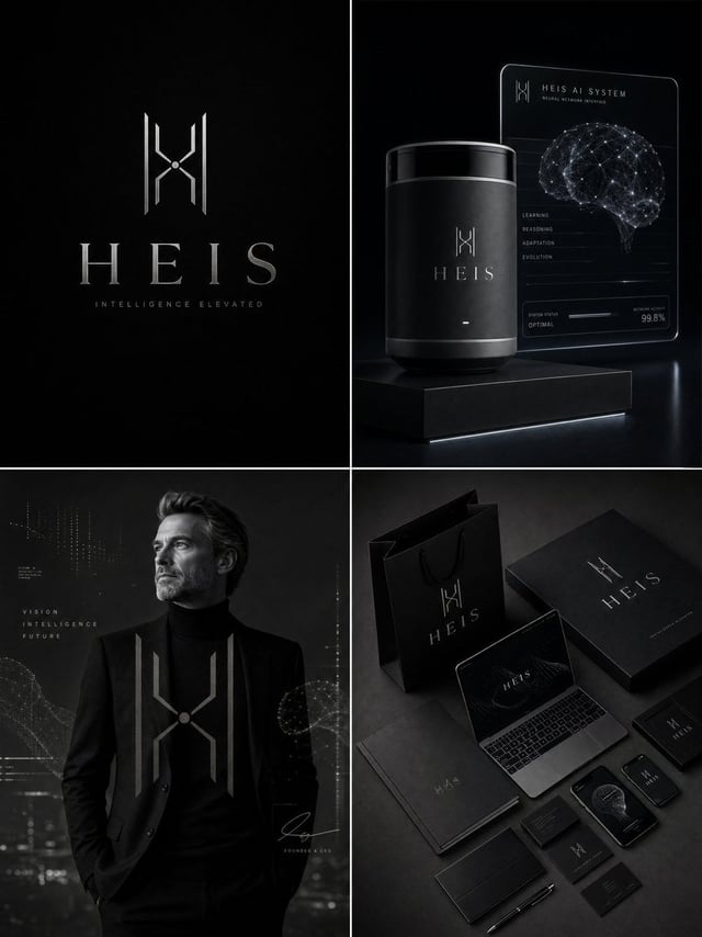 Luxury AI brand identity board for "[Brand Name]", ultra-premium artificial intelligence company bra