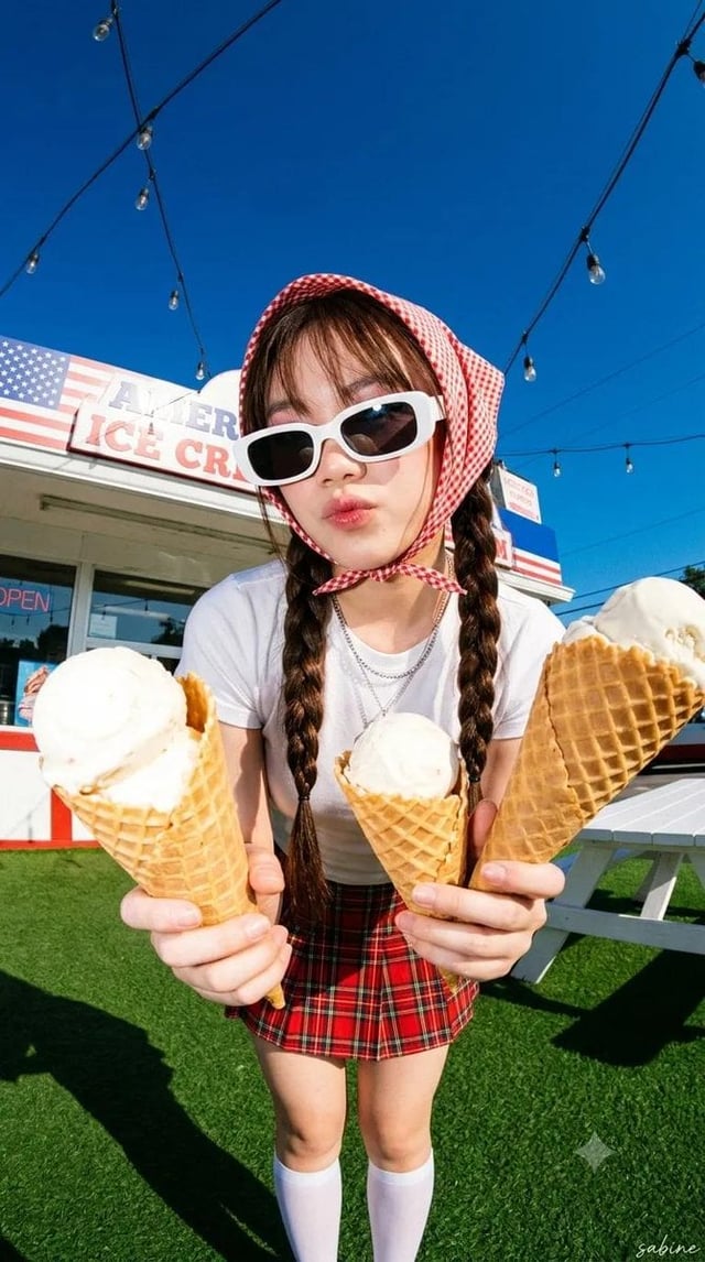 Ultra realistic Y2K summer fashion editorial, young woman wearing white fitted tank top, red plaid m