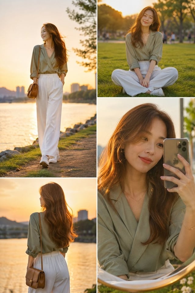 A high-fashion editorial collage of a stylish East Asian woman at a scenic park during a golden hour
