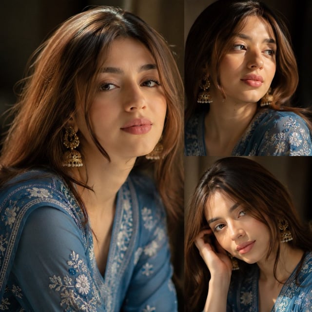 Ultra-realistic South Asian female portrait collage, three-photo layout, beautiful young woman with 