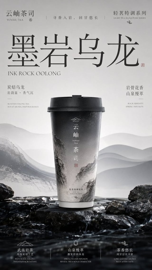 请生成一张竖版 9:16 的高级新中式茶饮品牌包装主视觉海报。每张图片独立生成，不要合并成拼图。