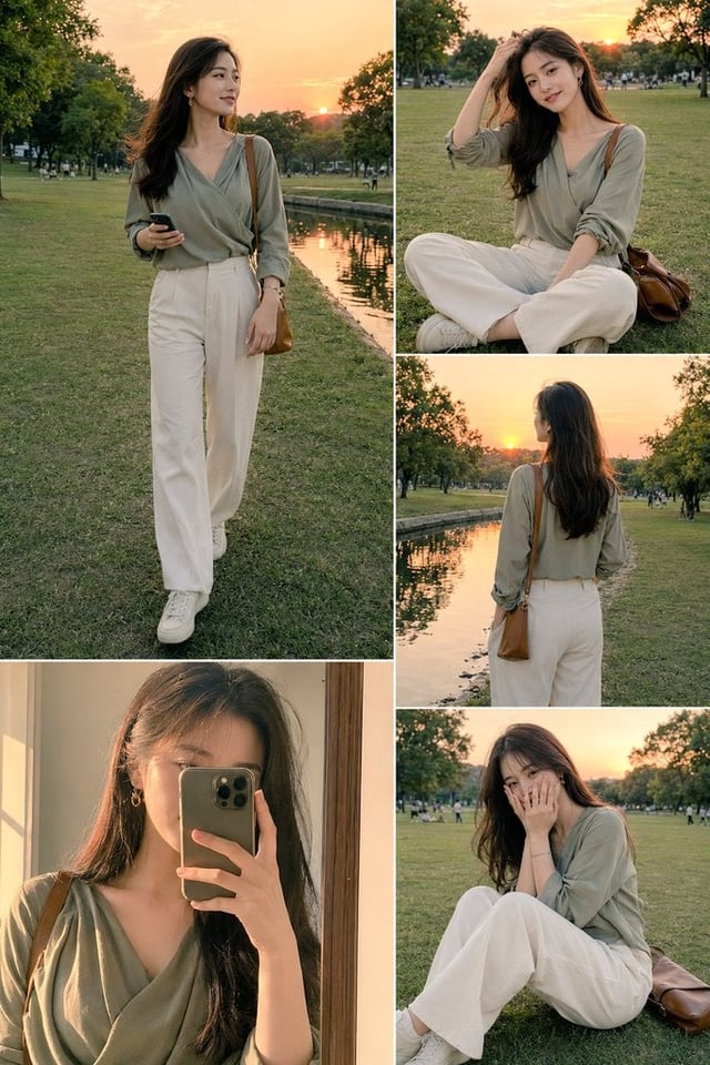Ultra-realistic cinematic lifestyle fashion collage of a beautiful young Asian woman in a wide green