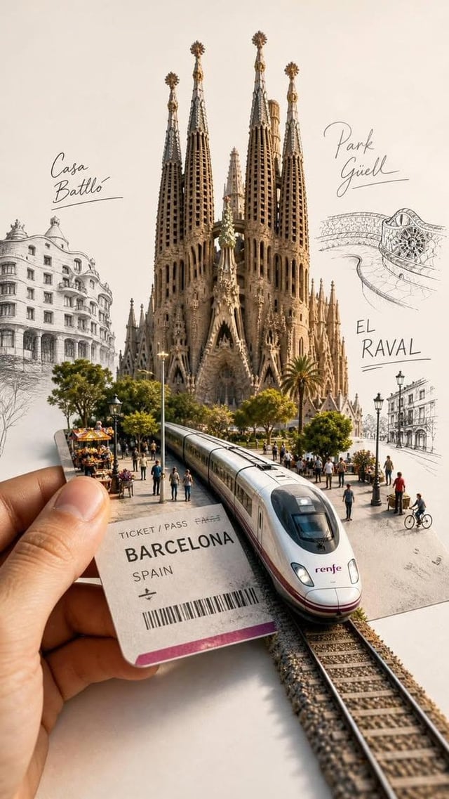Forced perspective photography, human hand holding vintage travel ticket, miniature high-speed train