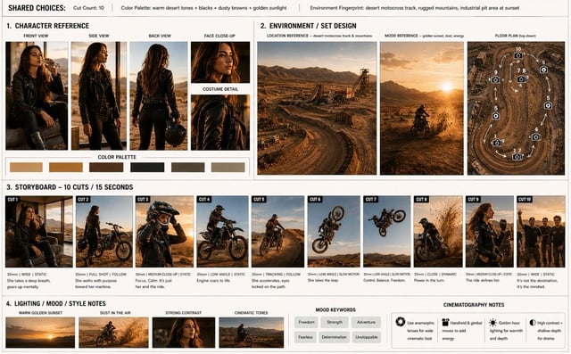 Storyboard sequence, 10 cinematic frames: A stylish young woman relaxes in a modern desert-view room