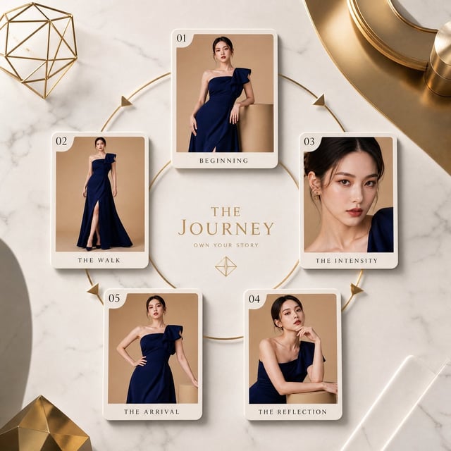 Top-down futuristic editorial composition featuring a circular arrangement of photo cards forming a 
