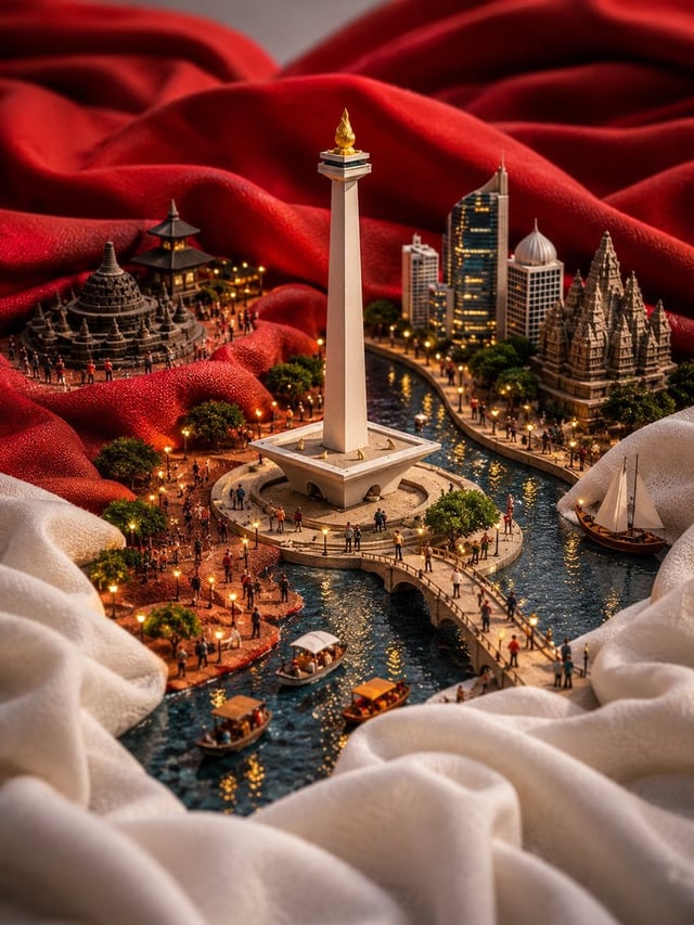 Ultra-detailed miniature diorama of China built into the folds of a giant flowing Chinese flag, phot