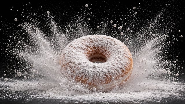 [Food Item] coated in [Powder Sugar Cocoa] being dropped or tapped, causing a cloud of fine particle