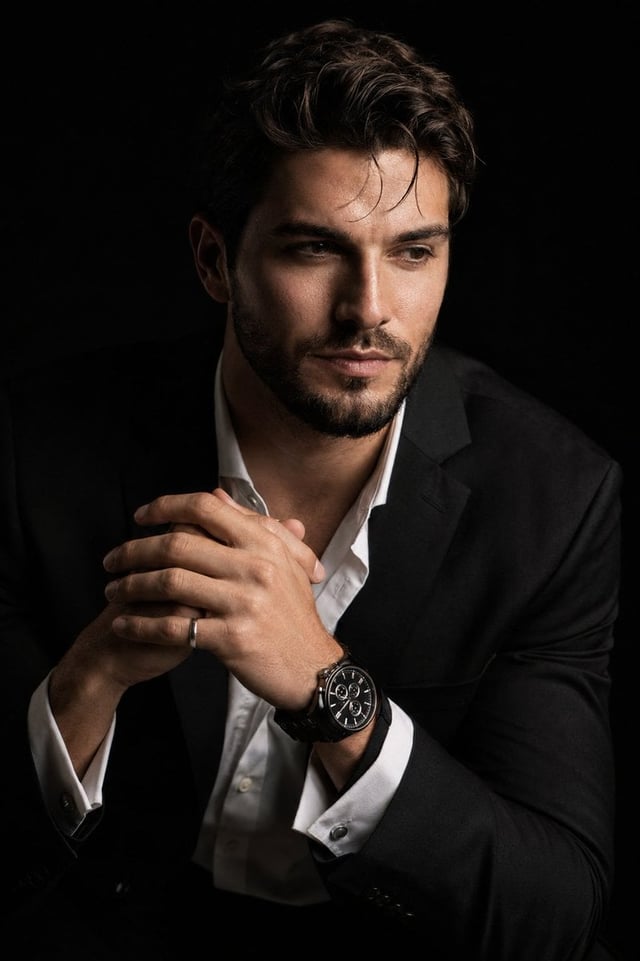 Create a hyper-realistic 8K cinematic  portrait of the [Uploaded Person] in a dramatic chiaroscuro s