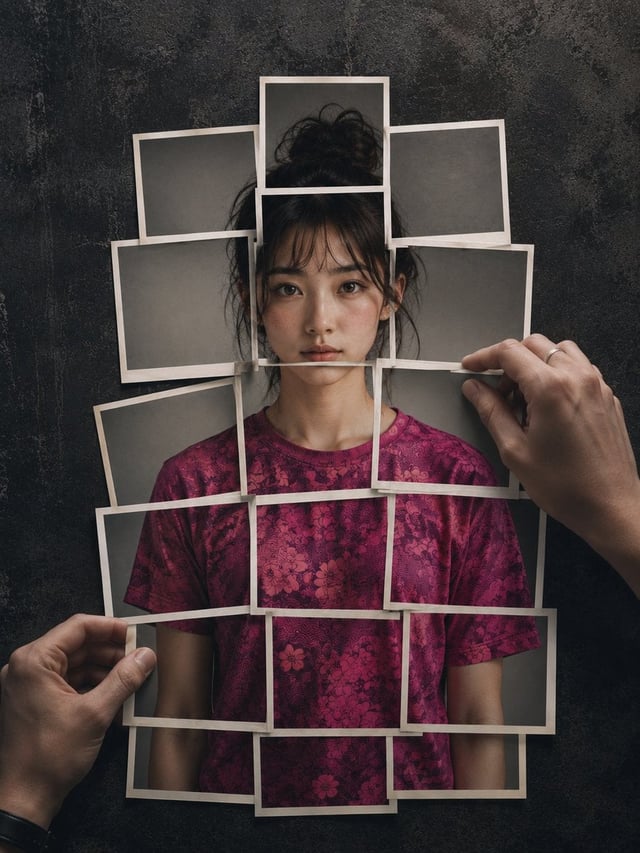 Hyperrealistic 8K photograph of a human figure composed of instant photographic prints layered on a 