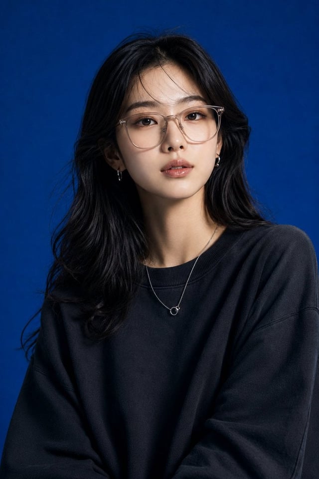 Create image Create a high-end studio fashion portrait inspired by the uploaded blue-background refe