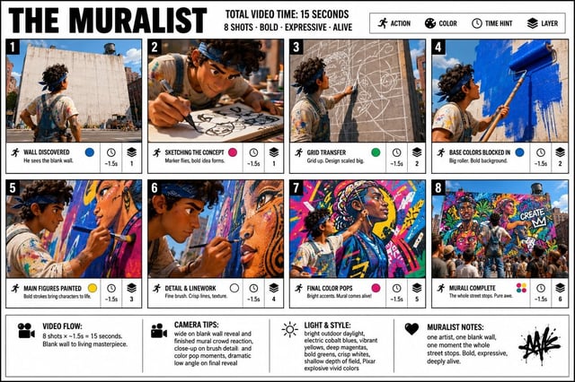 Create a crisp, clean infographic storyboard poster for THE MURALIST. Wide 16:9 layout, white backgr