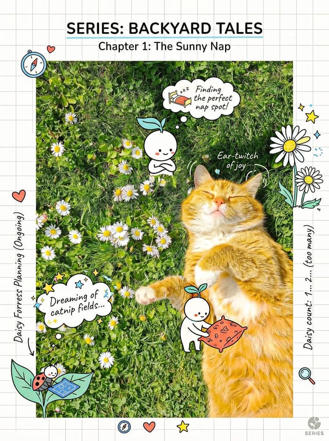 Create a cheerful, creative composition that blends a realistic subject with playful hand-drawn dood