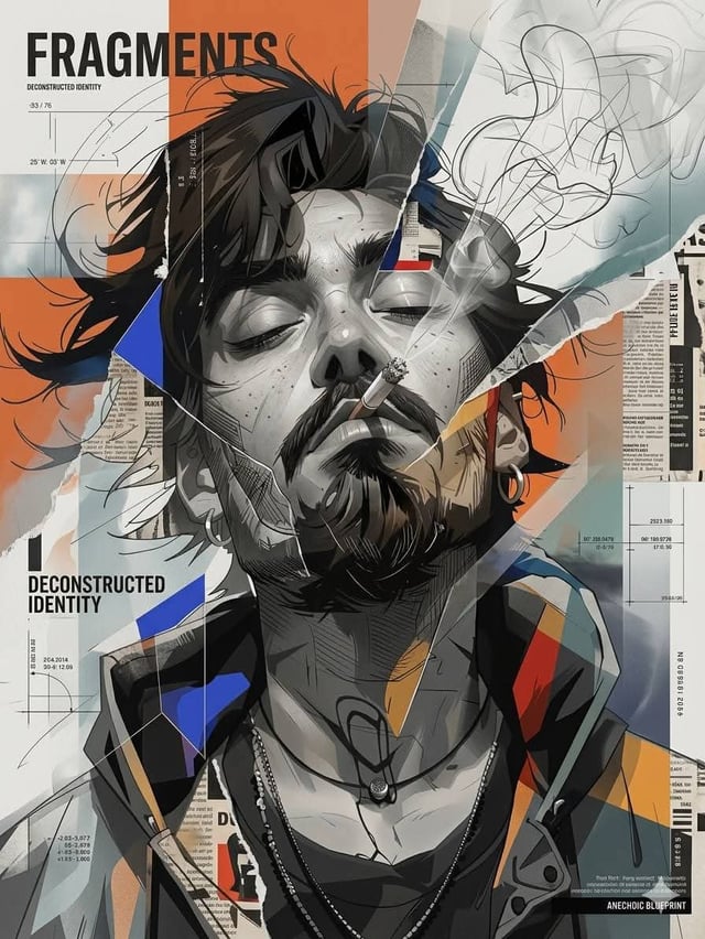 Ultra-detailed futuristic editorial mixed-media portrait blending hyper-realistic digital collage ae
