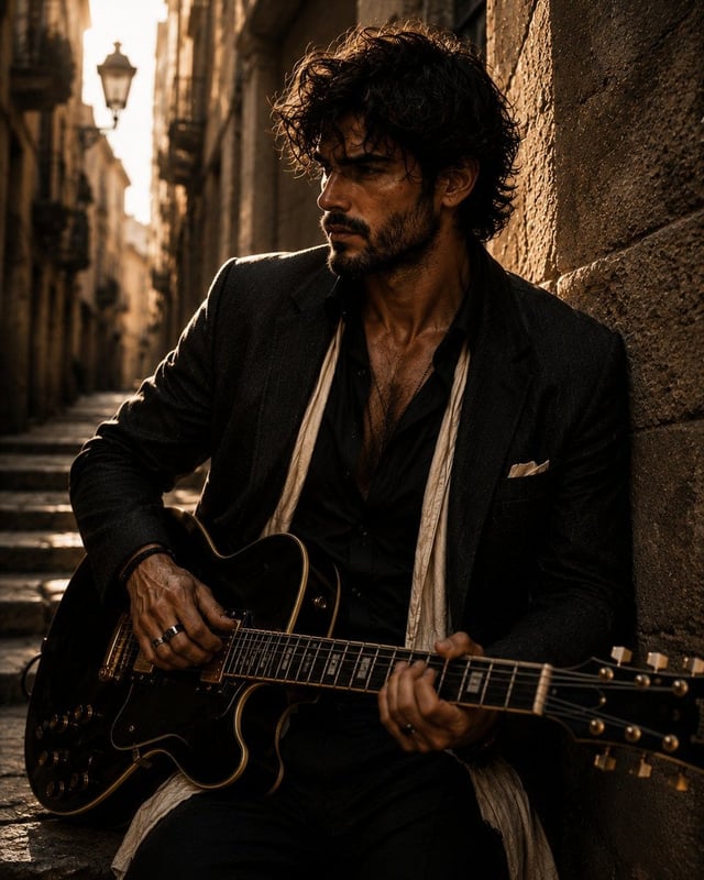 Create a hyper-realistic cinematic portrait of an intense, stylish man with a guitar in hand, inspir