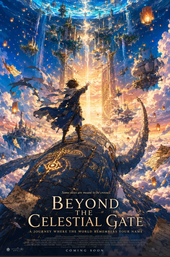 A breathtaking anime fantasy movie poster in portrait format. A young girl in a flowing ivory cloak 