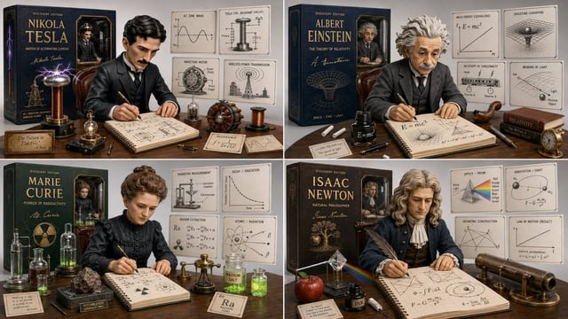 2x2 grid, 16:9, do this for Tesla and 3 other famous scientists Input: Nikola Tesla: Anchor: A 3D di
