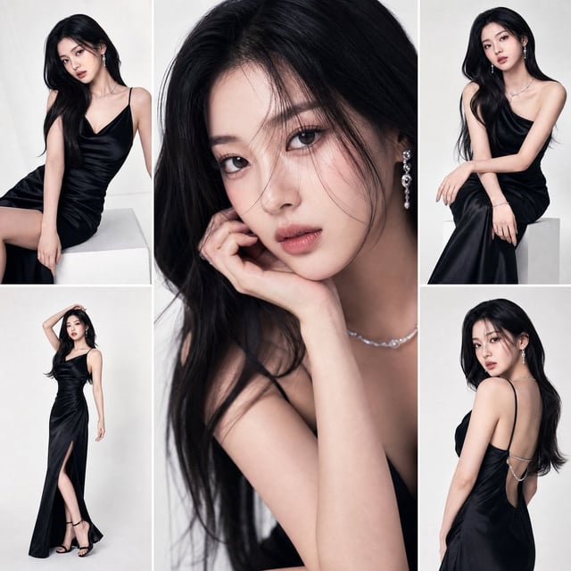 A high-fashion studio editorial featuring a K-pop idol in a multi-panel clean grid. One bold central