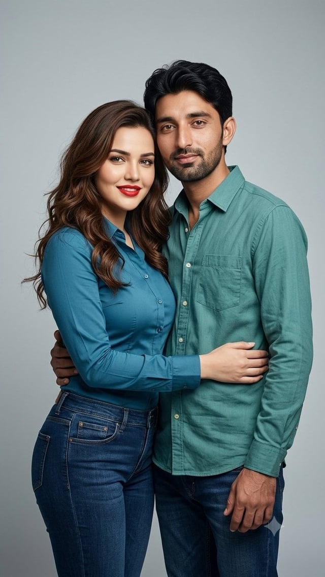 A stylish young couple posing together in a professional studio photoshoot, standing close and embra
