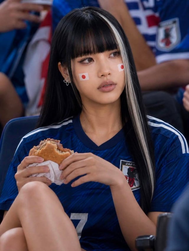 Ultra-realistic portrait of a stylish young woman at a packed football stadium, wearing a blue Japan