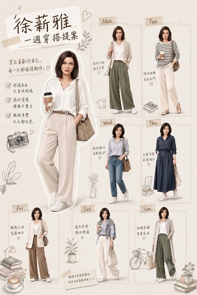 Create a stylish weekly outfit guide poster in a warm scrapbook-style editorial layout. Feature Bell
