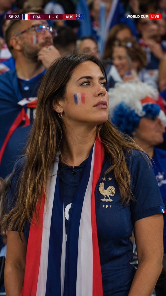 Ultra-realistic live football broadcast cutaway captured inside a packed World Cup stadium. A beauti