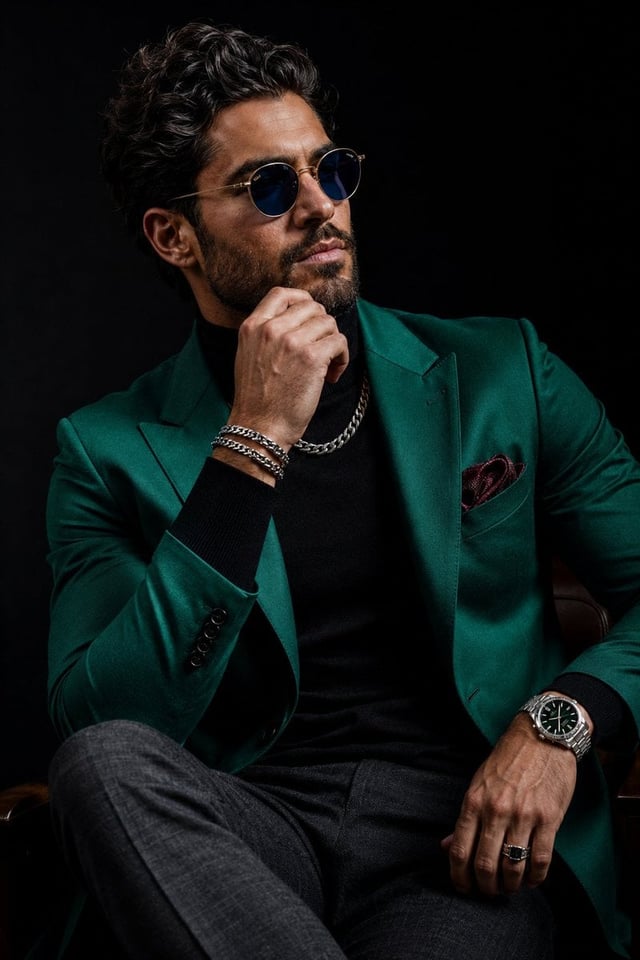 Ultra-realistic luxury menswear editorial portrait of a confident, handsome man with thick textured 