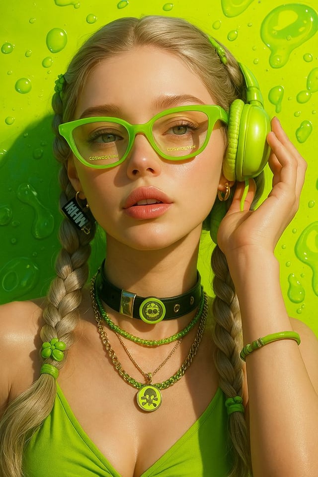 Ultra-realistic close-up fashion portrait of a young woman, centered composition, looking directly i