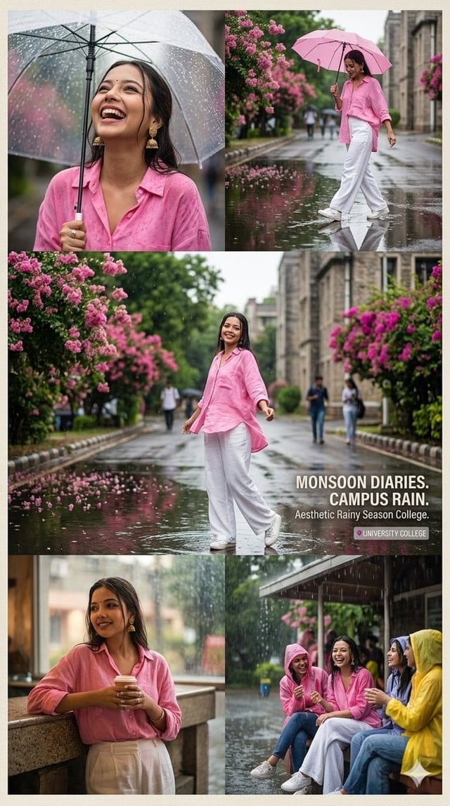Aesthetic rainy season college portrait collage of a stylish young woman in a pink oversized shirt a