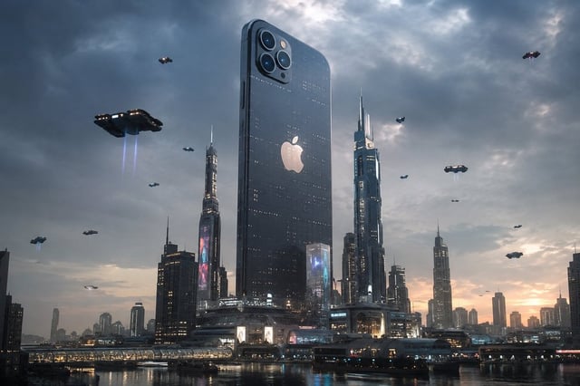 A futuristic city dominated by an enormous Apple iPhone standing as a skyscraper, glowing screens il