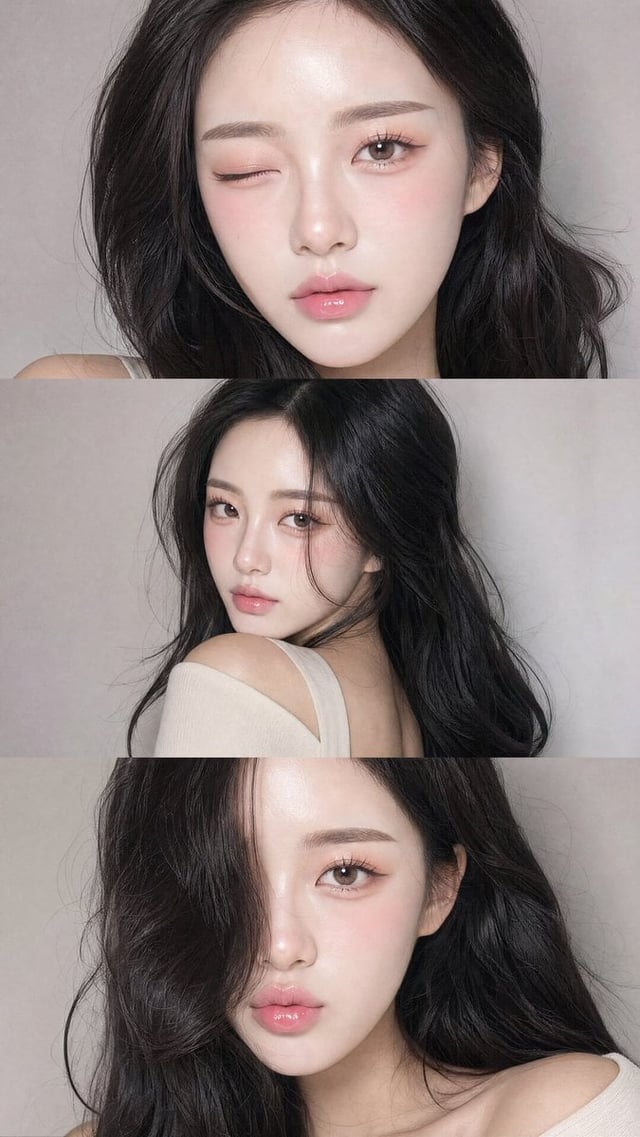 A vertical collage of three YZK photos. Using the uploaded selfie as the ONLY and exclusive face ref