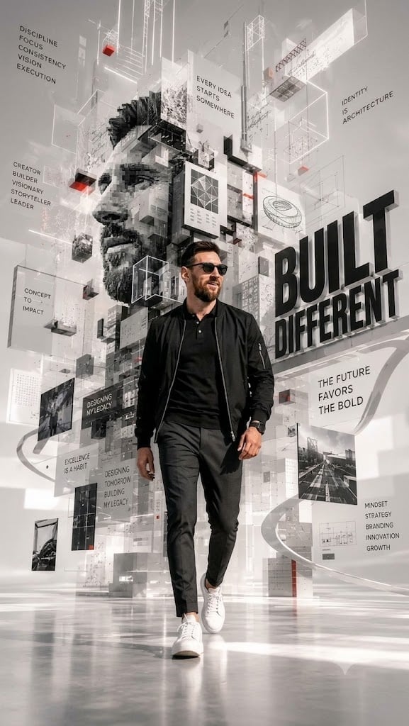 A futuristic monochrome motivational digital artwork featuring a man resembling *Lionel Messi* walki