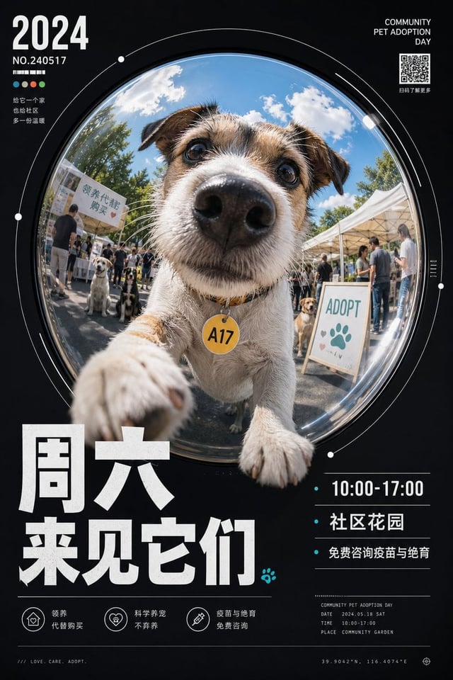 围绕任意主题对象生成一张强设计感视觉：画面由深色安静的信息外场托住中央巨大的圆形鱼眼视窗，视窗像被镜面或广角镜头撑开，主题核心内容在圆内被近距离拉伸，前景元素向观者伸出并贴近圆形边界，边缘带轻微畸变与